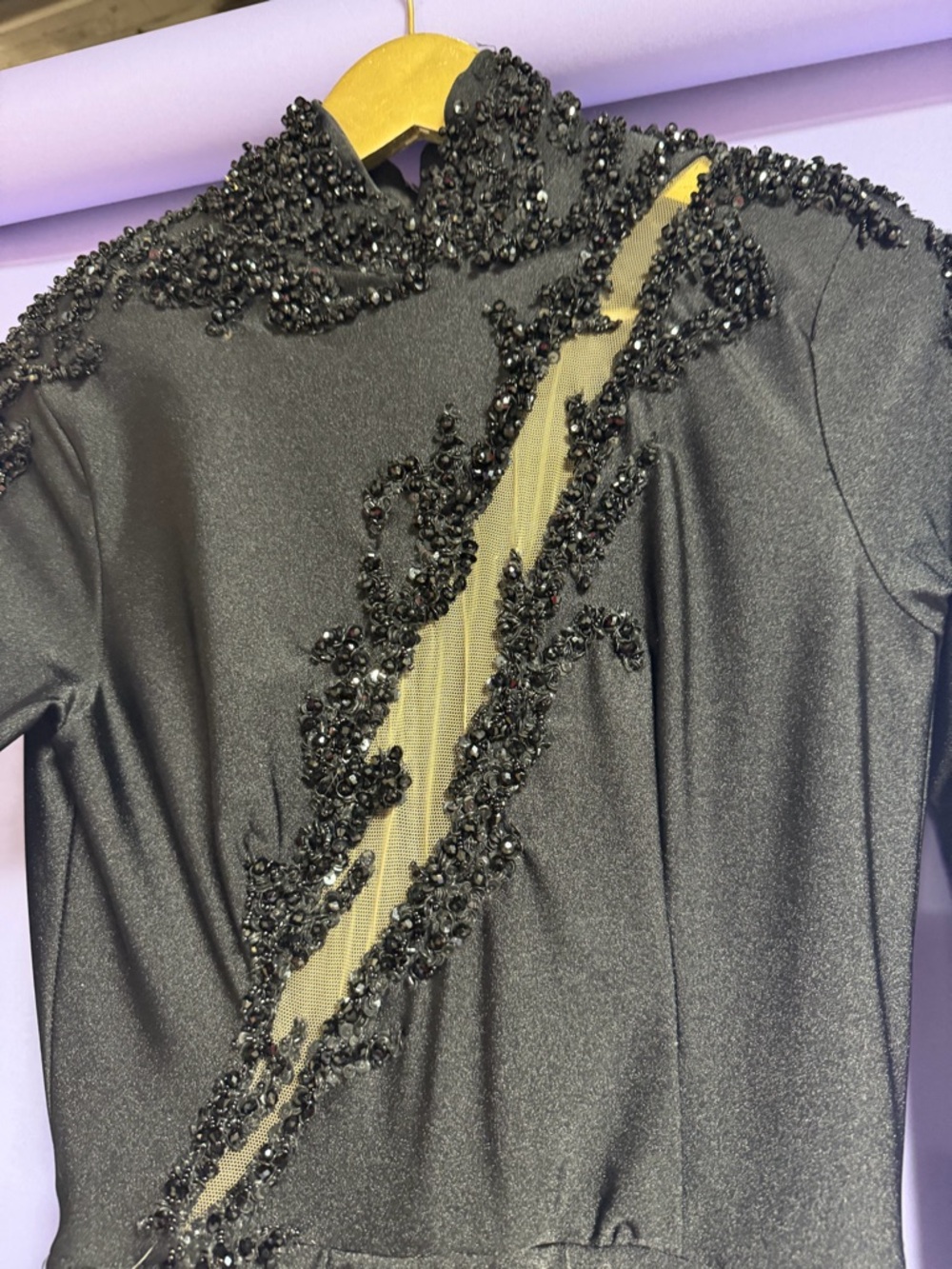 Beaded Black Evening Top with Diagonal Mesh Inset